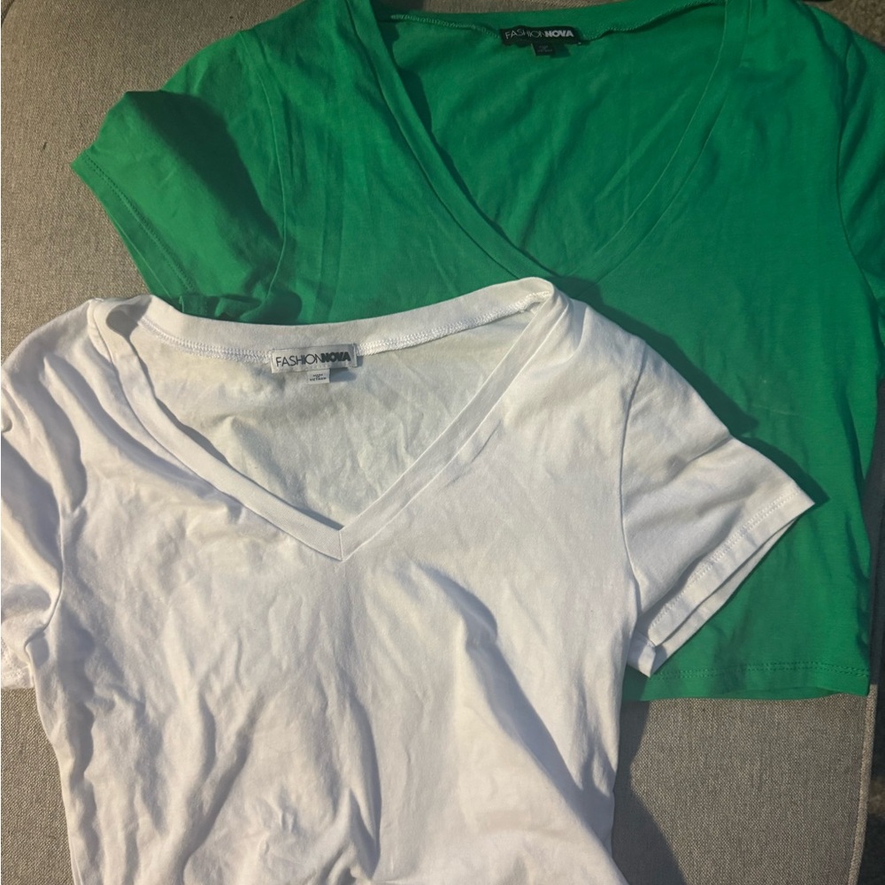 Fashion Nova Green and White V-Neck Tops